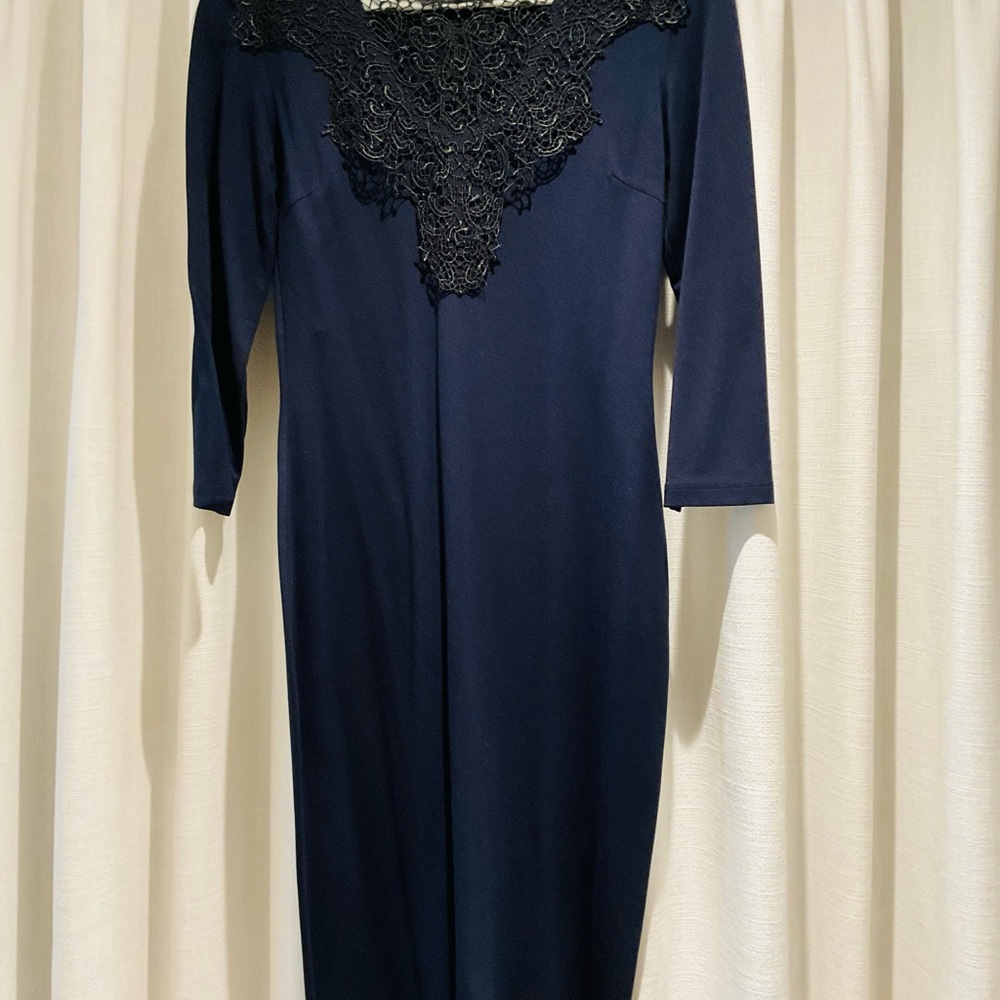 Elegant Navy Dress with Black Lace Front Overlay